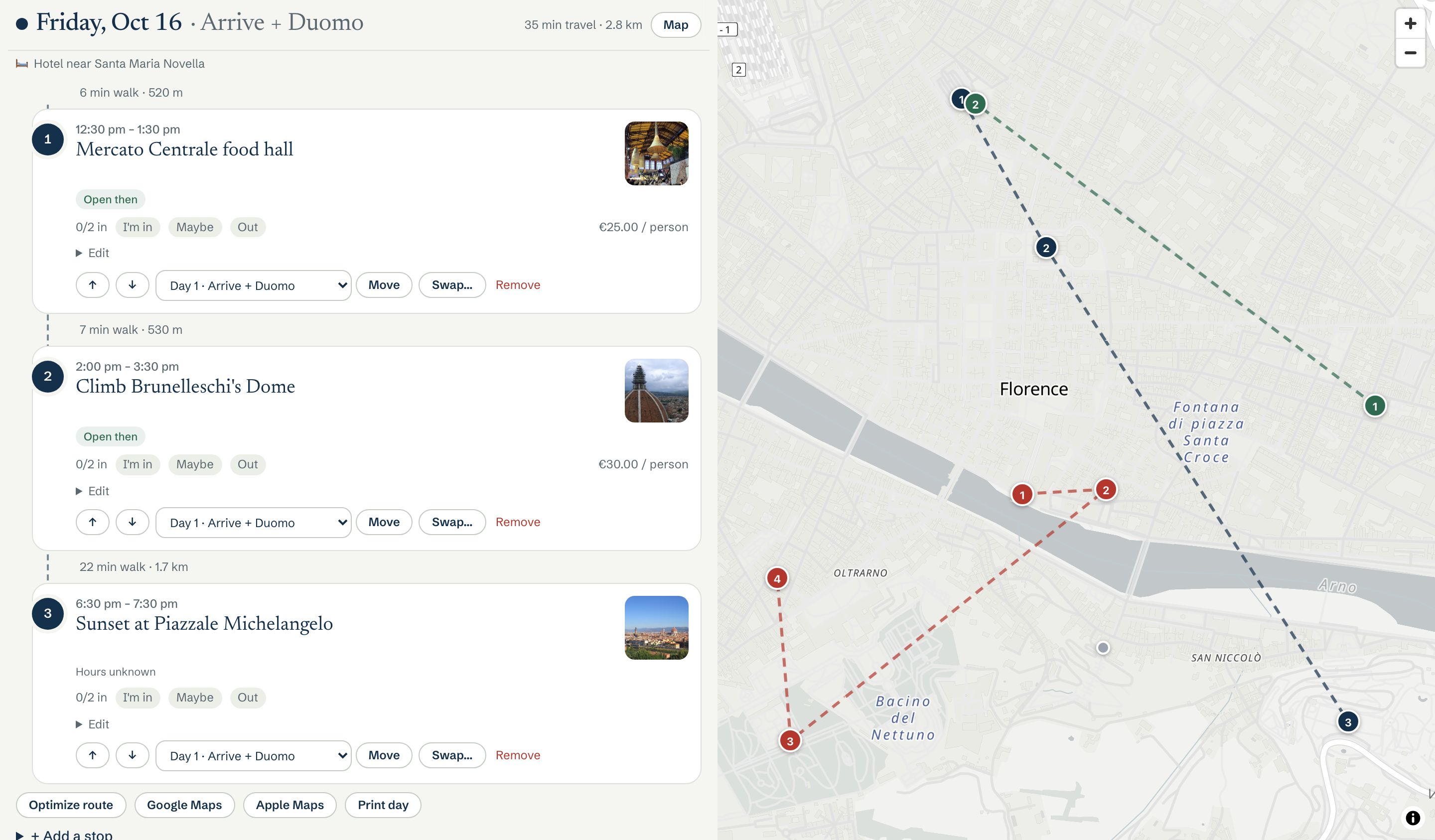 The trip planner: a day's stops with times and travel between them, beside a map with numbered routes for each day