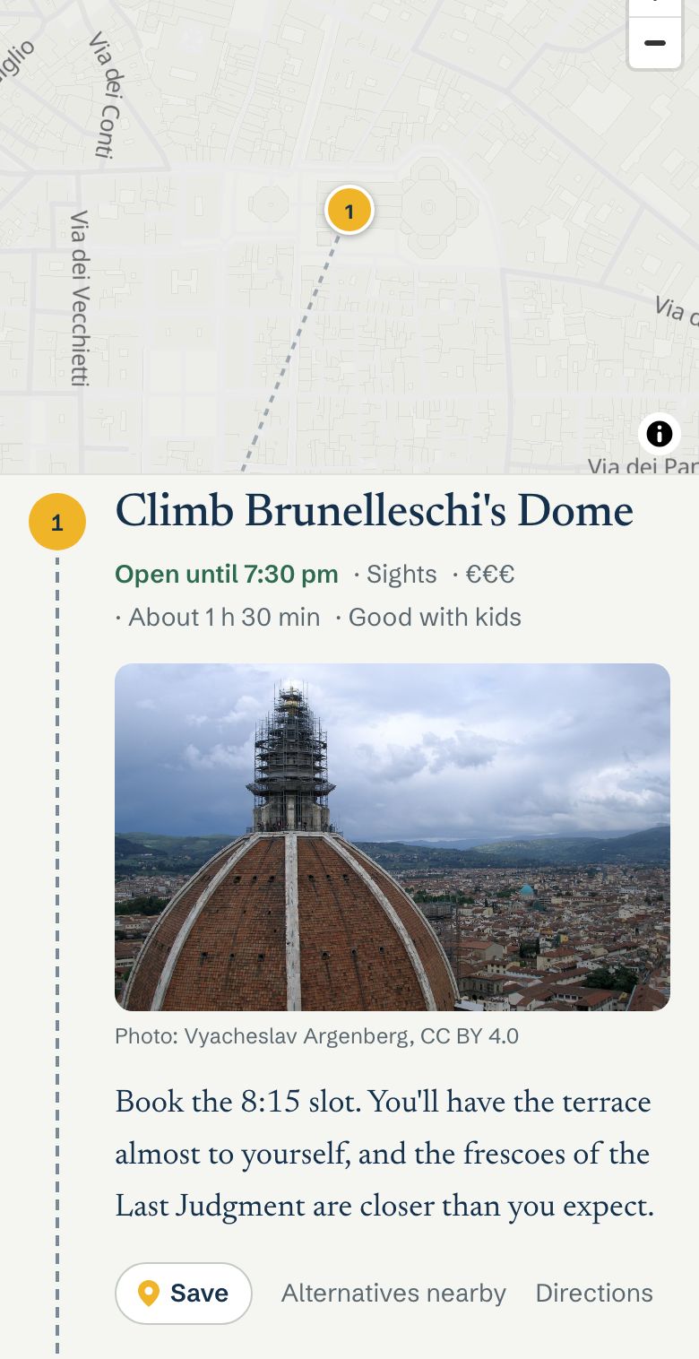 A Walkthrough on a phone: the map pinned at the top, stops scrolling underneath