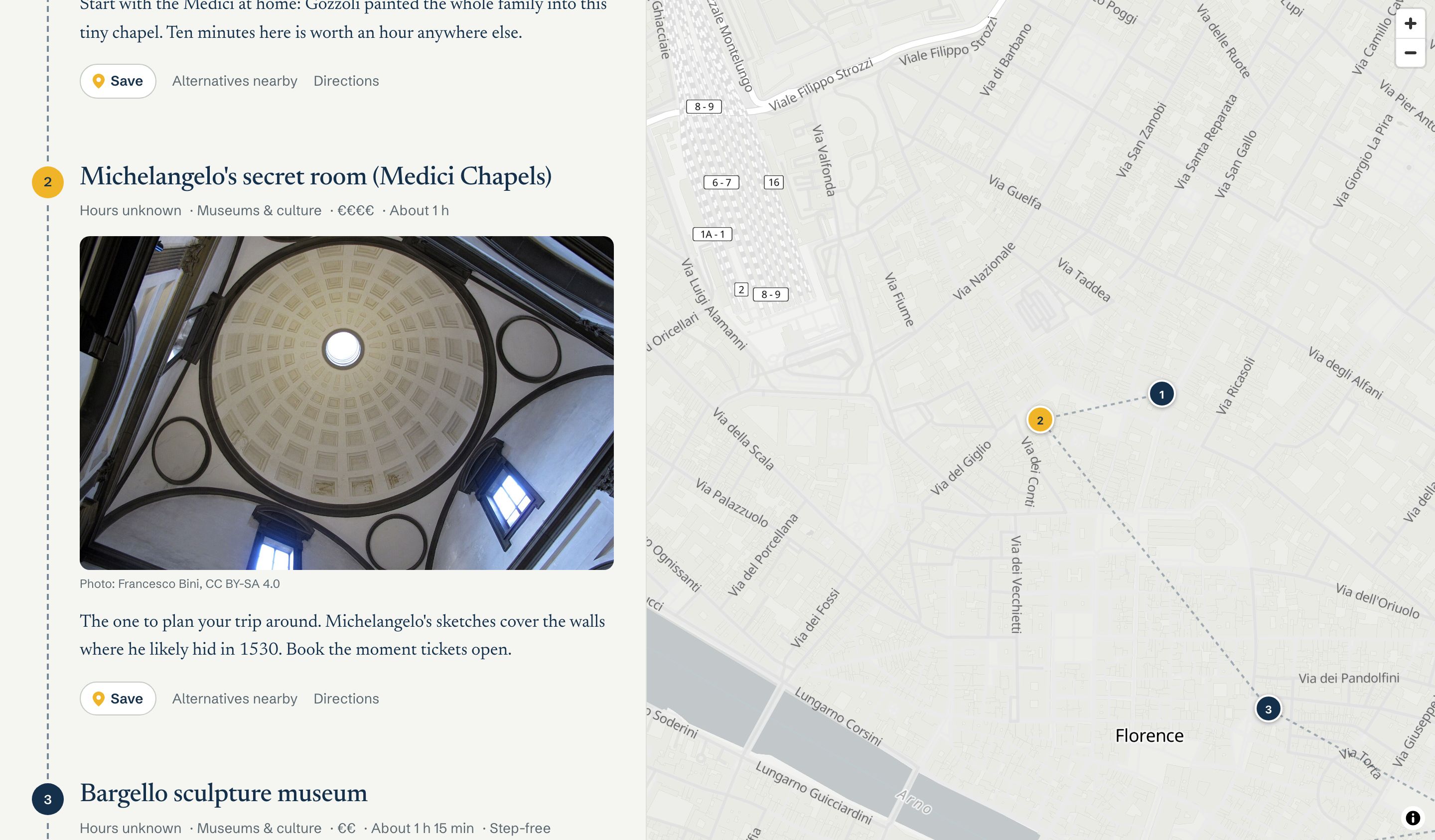 A WantMap Walkthrough of Florence: a creator's blurbs on the left, the route on a map on the right
